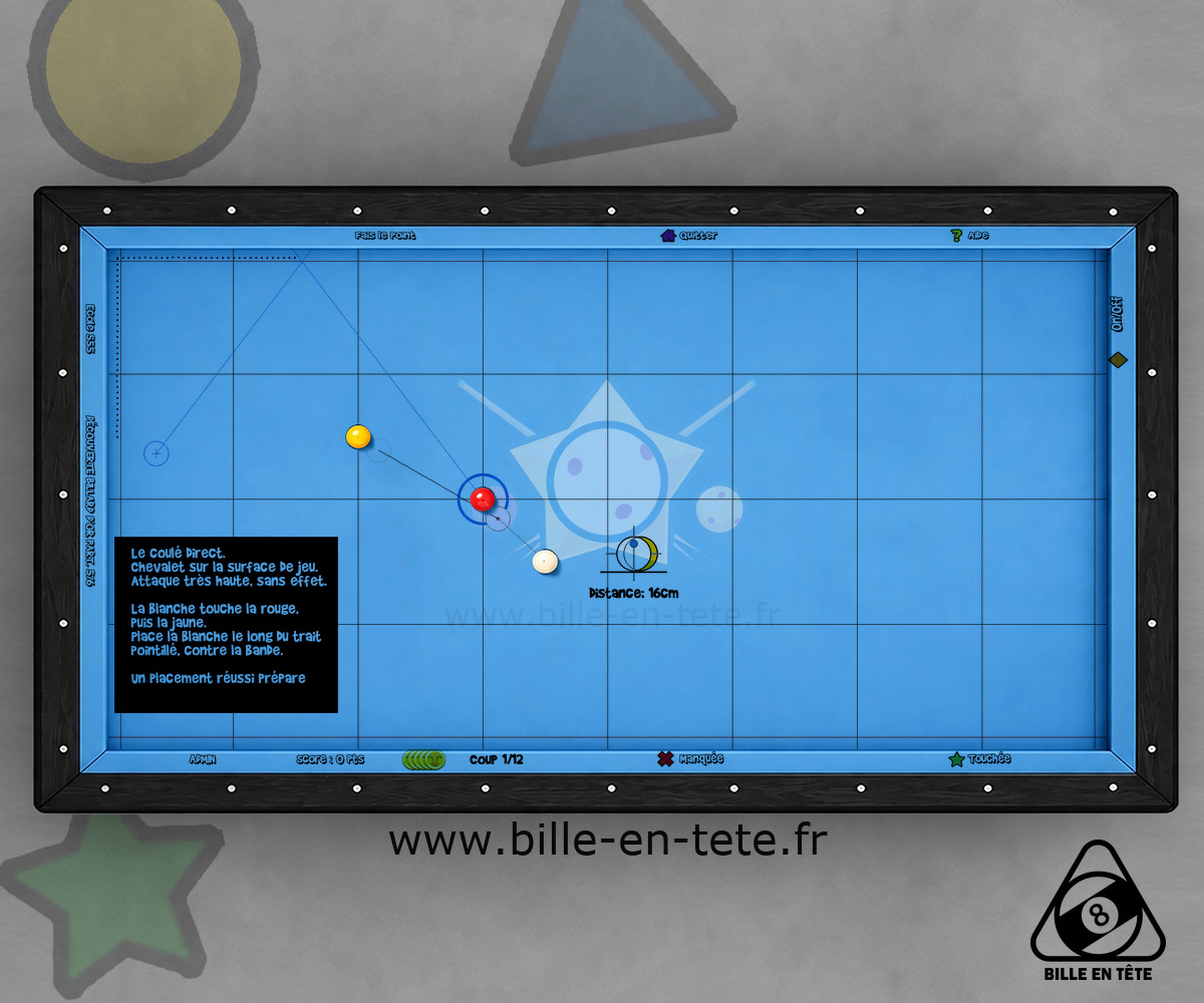 Carom drill with instructions and ball path projected