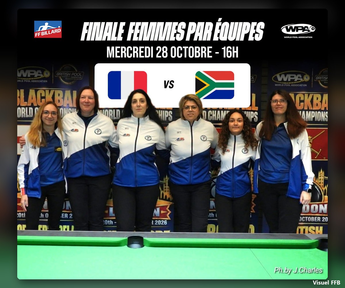 L’équipe de France féminine avant la finale par équipes contre l’Afrique du Sud, Londres 2026 (visuel FFB) - Team Bille en Tête