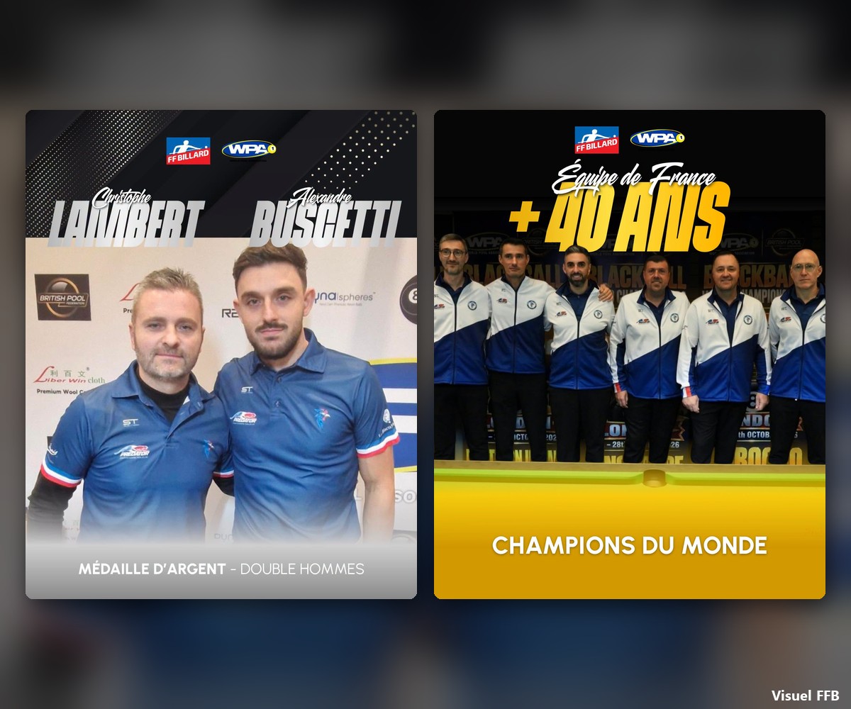 Christophe Lambert et Alexandre Buscetti, vice-champions du monde en double, et l’équipe de France des plus de 40 ans, championne du monde (visuels FFB) - Bille en Tête