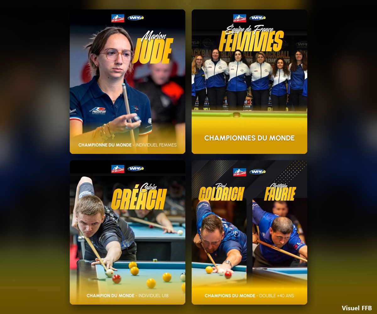 Marion Jude, l’équipe de France féminine, Calvin Créach, Paul Coldrick et Christophe Faurie, champions du monde de blackball à Londres (visuels FFB) - Bille en Tête