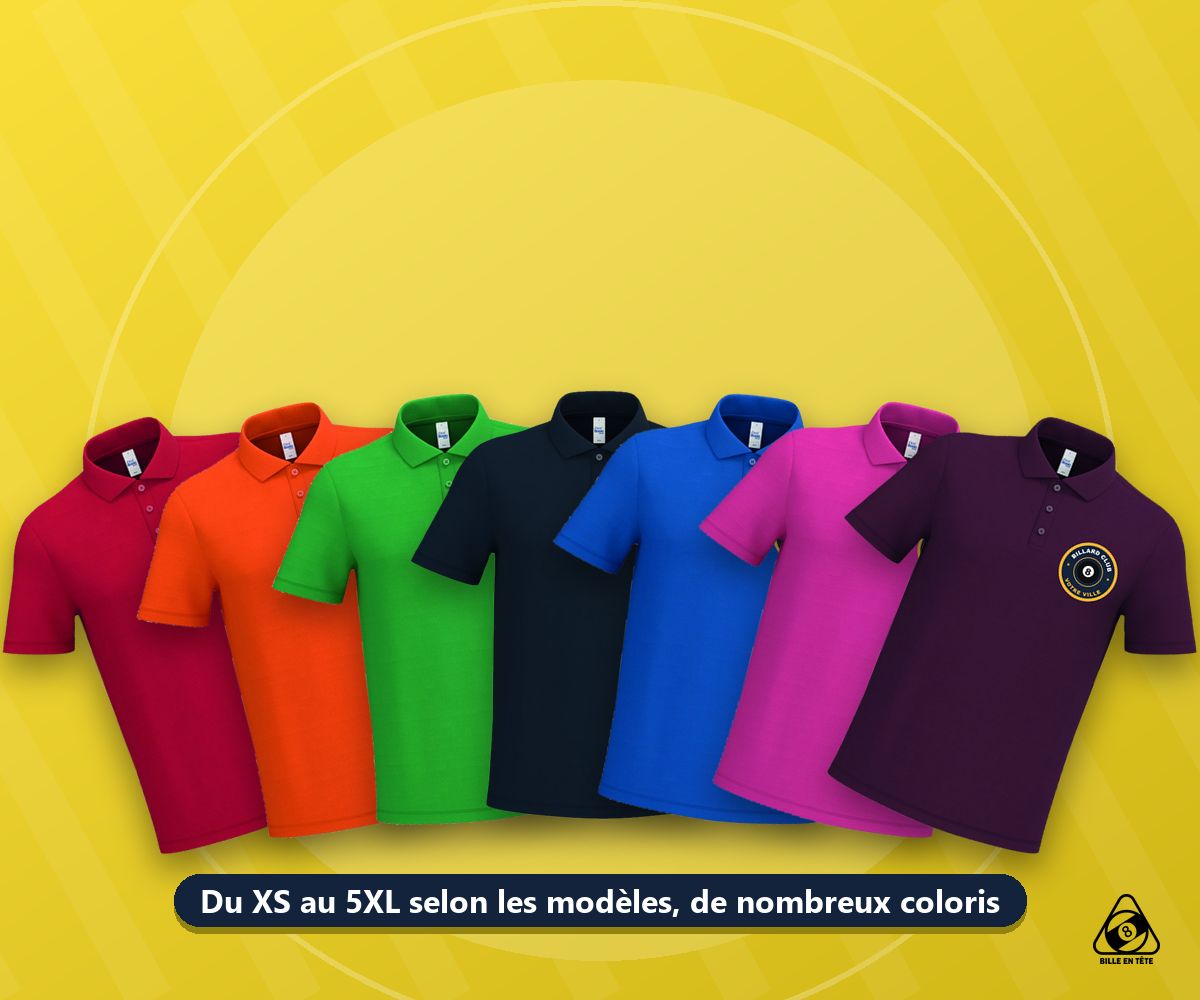 Polos de club floqués en plusieurs coloris, du XS au 5XL selon les modèles - Bille en Tête